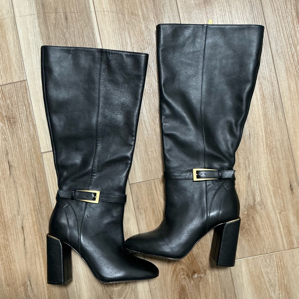 Vince Camuto Black Leather Mid-Calf Heeled Boots with Gold Buckle Trim